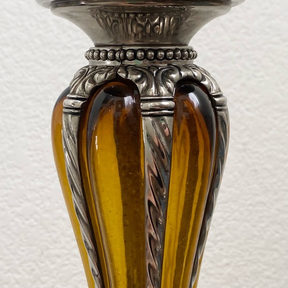 Rare Vintage MCM Mid Century Modern Amber Silver-plate Caged Candle Holder Set - Picture 7 of 12